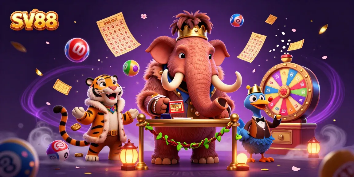 SV88 characters enjoy a vibrant casino night filled with lottery balls and prizes.