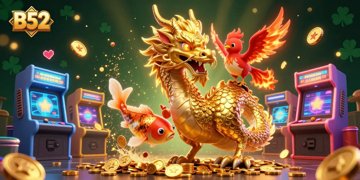 B52 enchantingly showcases a fierce golden dragon and phoenix amidst gaming elements.