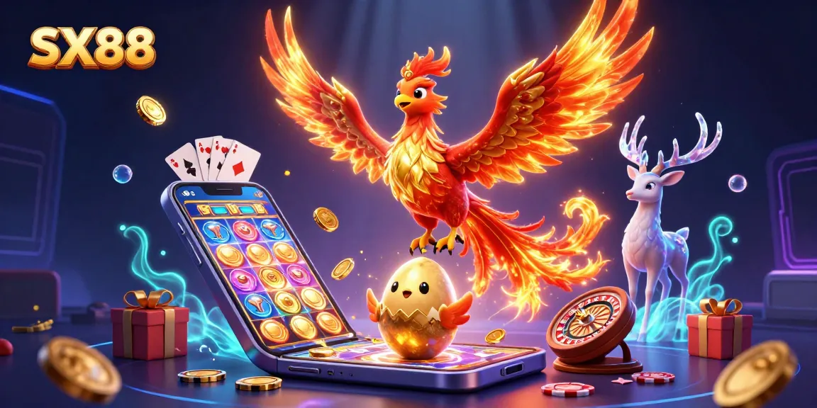 SX88 gamblers experiencing excitement with a dynamic phoenix illustration in a vibrant casino scene.