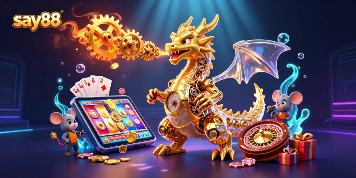 Play exciting games at say88 with our visually stunning 3D casino illustration featuring a dragon and dynamic gaming elements.