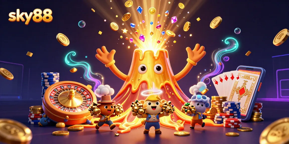 Win big with sky88 as the golden volcano erupts coins, cards, and poker chips!