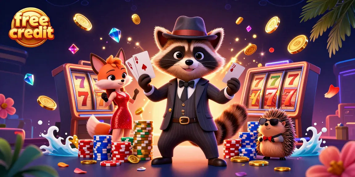 Experience the excitement of free credit on a vibrant casino scene with animated characters playing together.