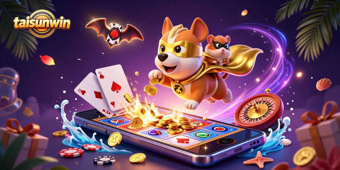 Engage in exciting gaming with taisunwin as a cartoon superhero dog flies through a vibrant casino scene.