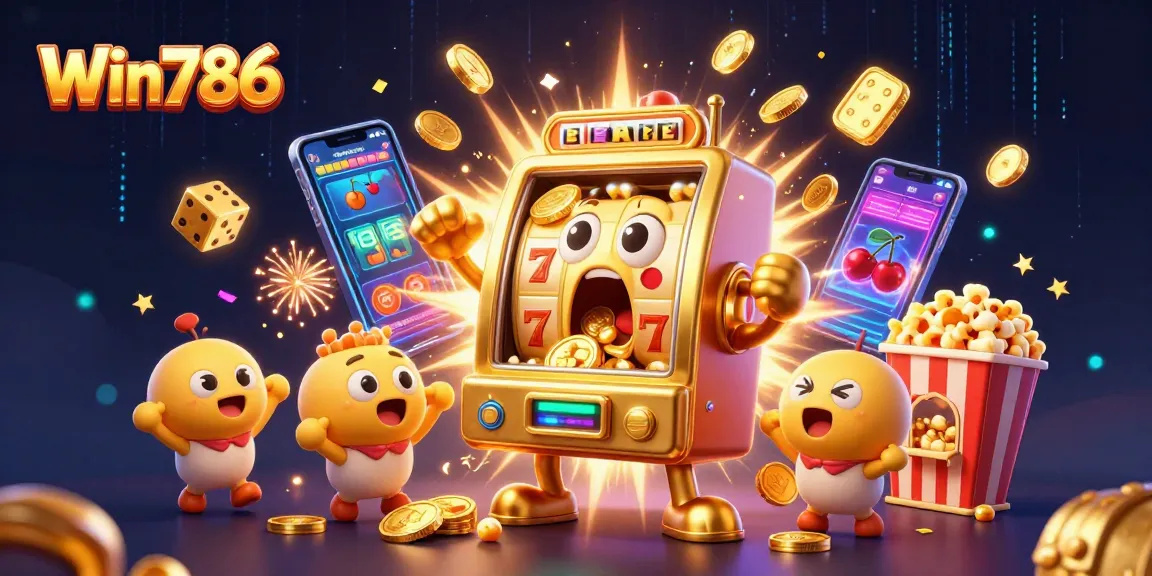 Win786 slot machine hits jackpot, releasing coins and cheering baby slots in an exciting casino scene.