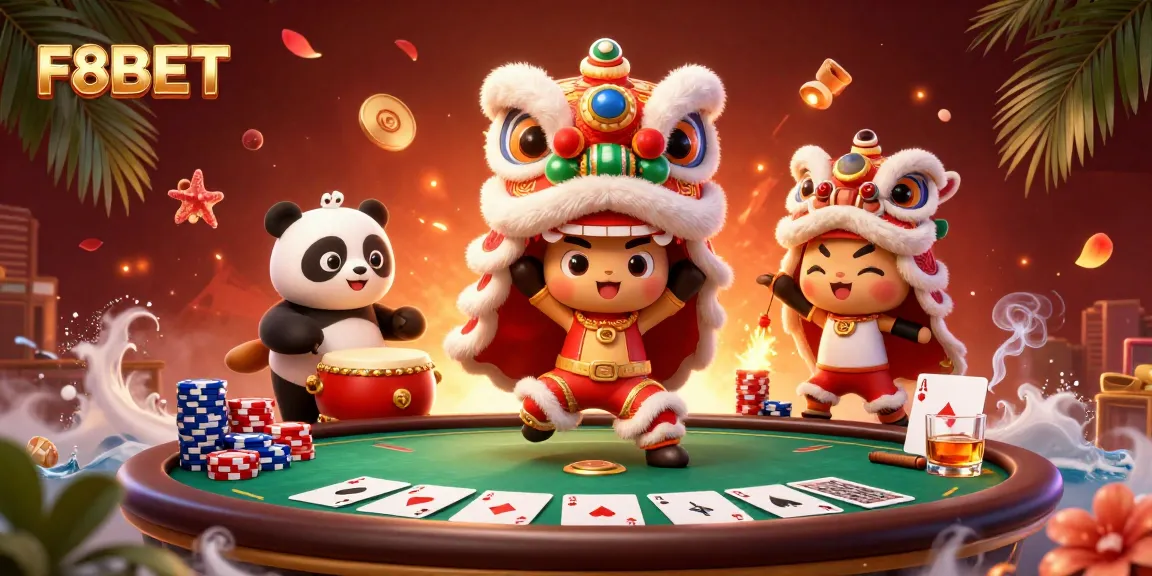 Join the action at F8BET with a vibrant casino scene featuring a lion dance, poker elements, and festive decorations.