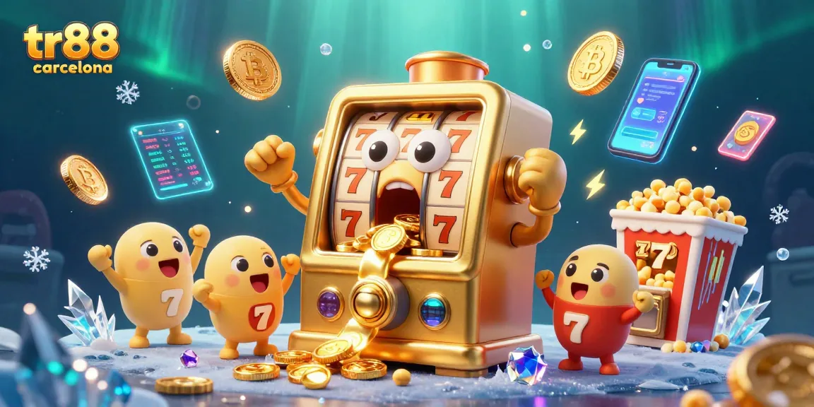 Experience a thrilling jackpot at tr88 barcelona, featuring a golden slot machine pouring coins amidst digital wonders.