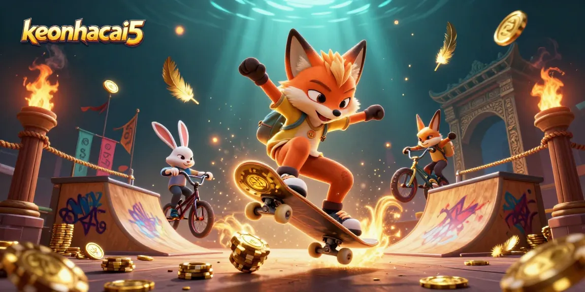 Engage with keonhacai5 by skateboarding fox and BMX rabbit in a dynamic casino-themed illustration.
