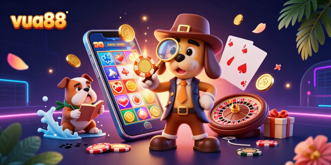 Engage with vua88 in this rich 3D casino scene with slot games and poker elements.