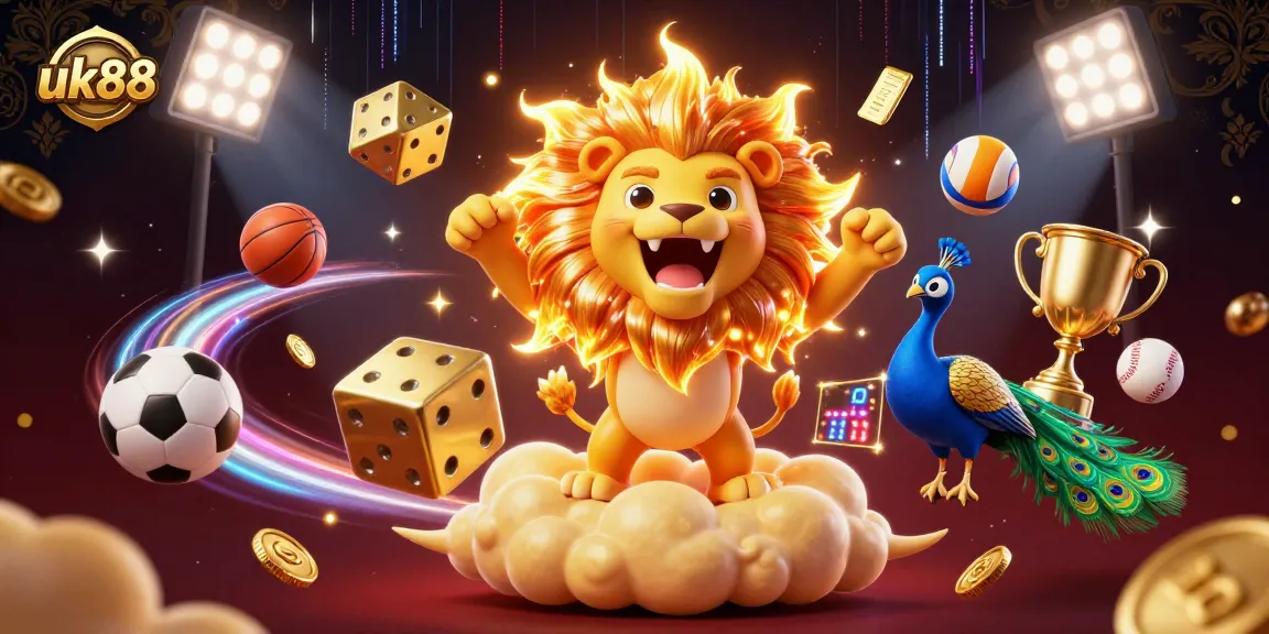 Engage with the thrilling world of uk88, featuring a vibrant 3D illustration of dynamic sports elements and animated characters.