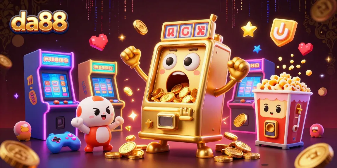 Celebrate da88's exciting wins with a dynamic 3D casino illustration featuring slot machines and gold coins pouring out.