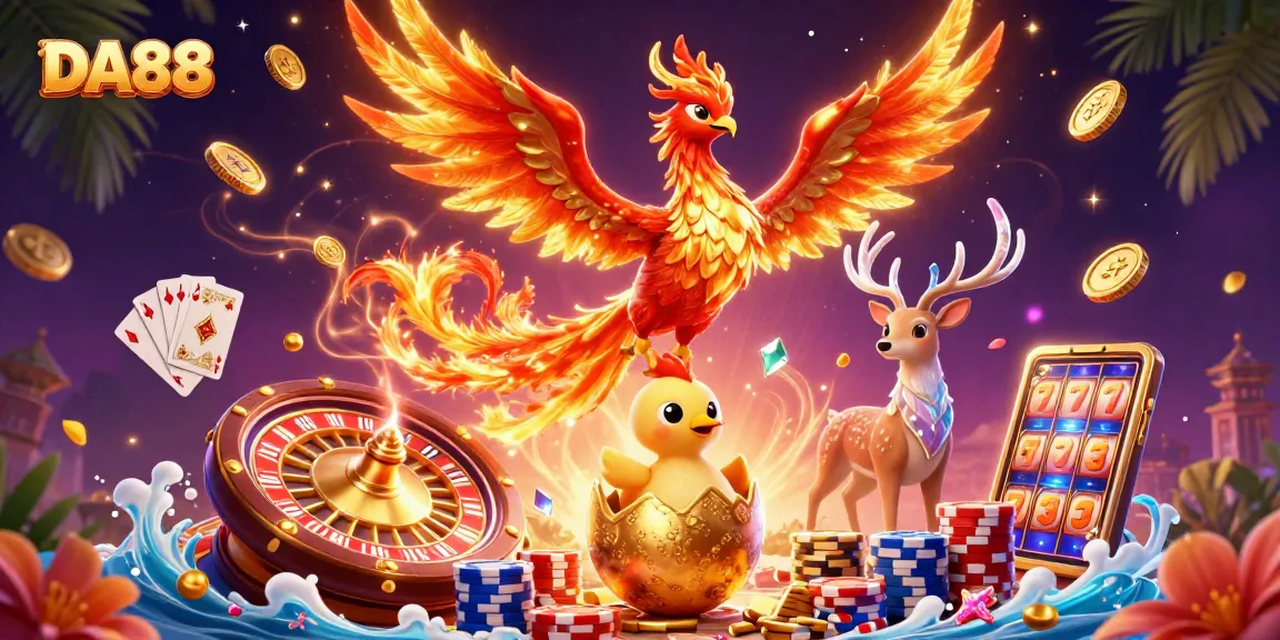 Play the exciting DA88 slot games with a fire phoenix and baby phoenix amidst sparkling coins.
