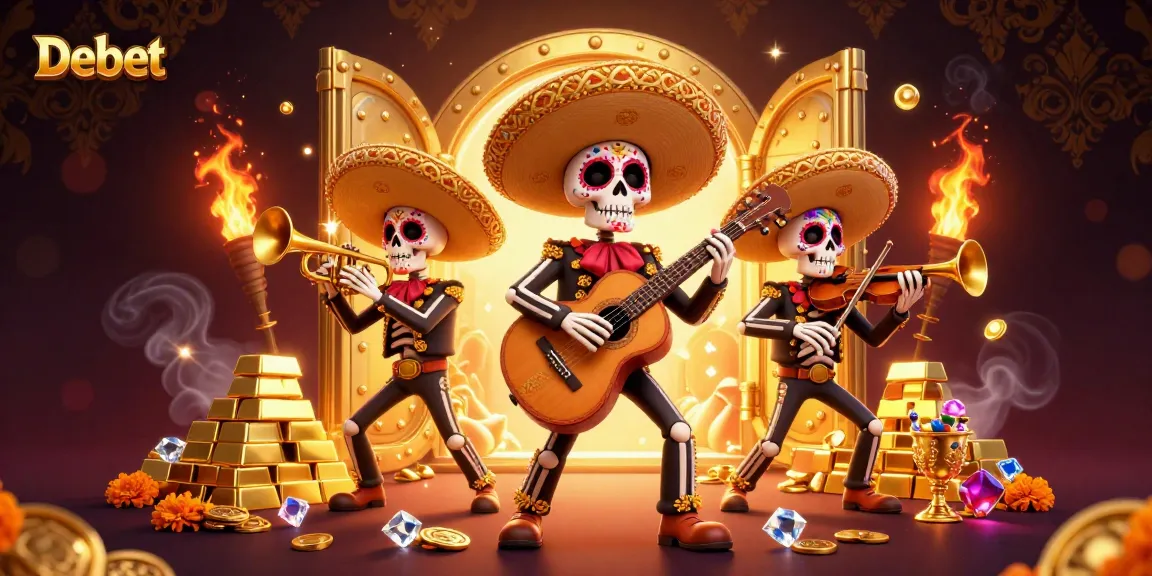 Experience the vibrant energy of Debet with mariachi skeletons celebrating around a gold vault.