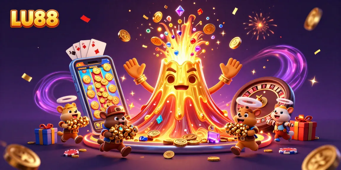 Engage with LU88's colorful 3D slot gaming experience, featuring vibrant coins and a jubilant volcano.
