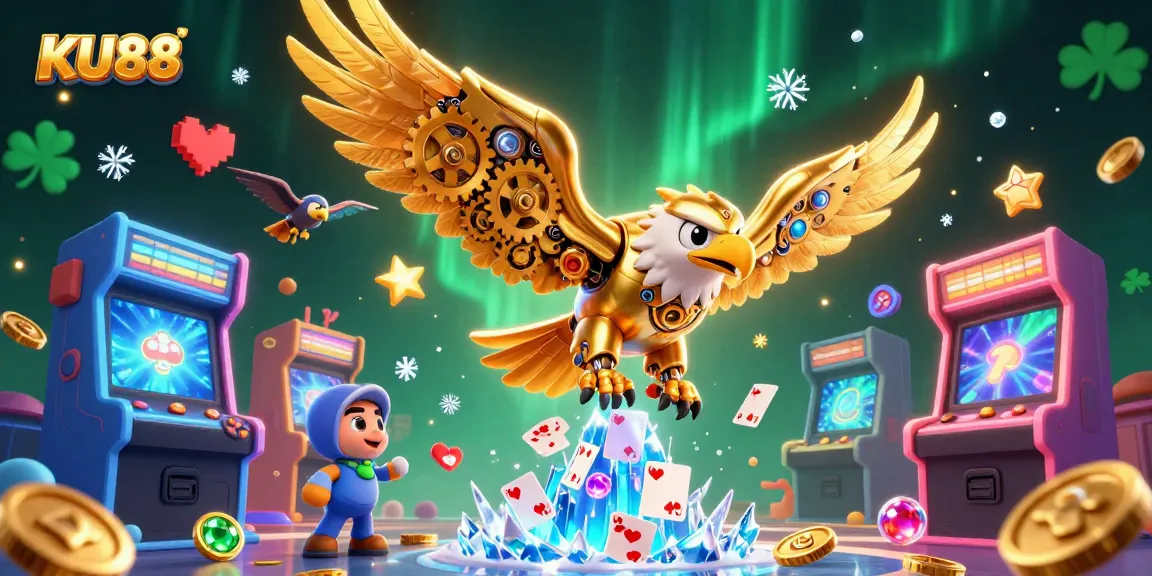 Experience the thrill of KU88 as a cybernetic eagle dives through playing cards in a vibrant casino.