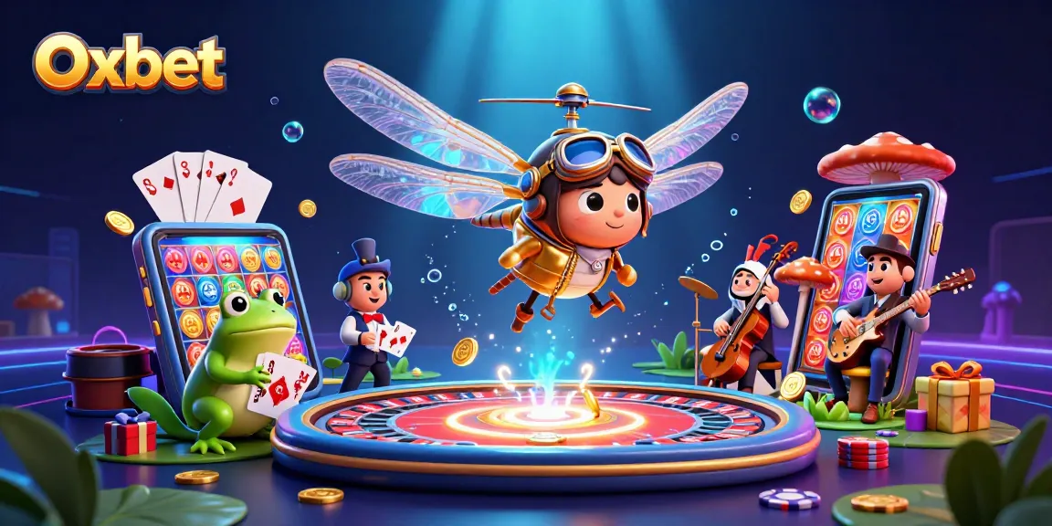 Engage with Oxbet's vibrant gameplay featuring a cartoon dragonfly pilot above a lively casino scene.