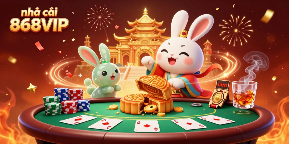 Experience casino excitement with nhà cái 868VIP as a moon rabbit cracks golden mooncakes revealing poker chips in a colorful gaming scene.