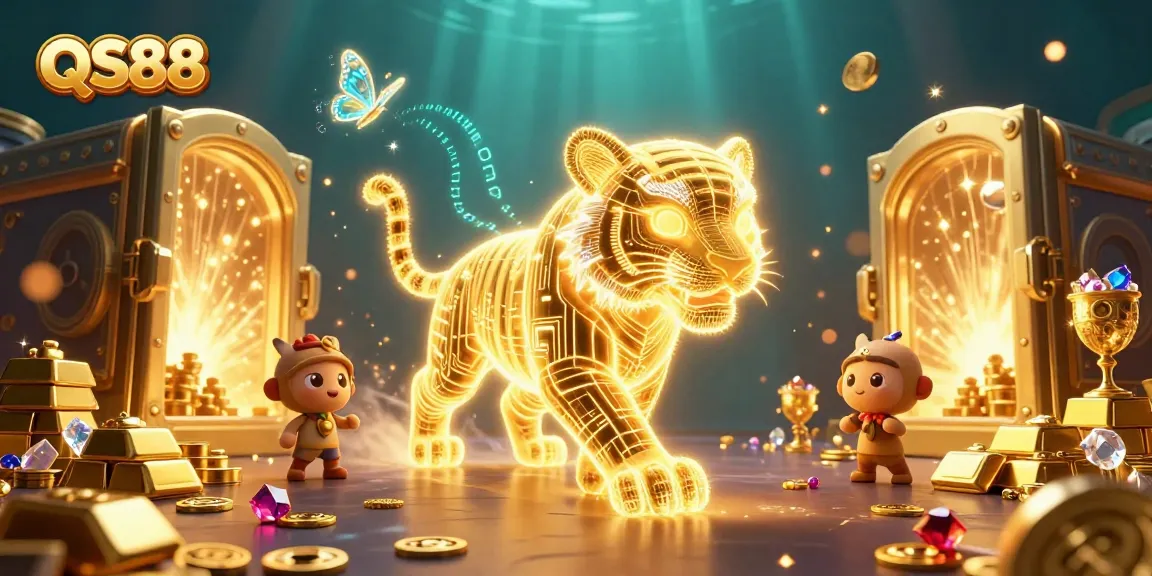 Experience thrilling casino adventures with QS88's vibrant neon tiger in a digital landscape.