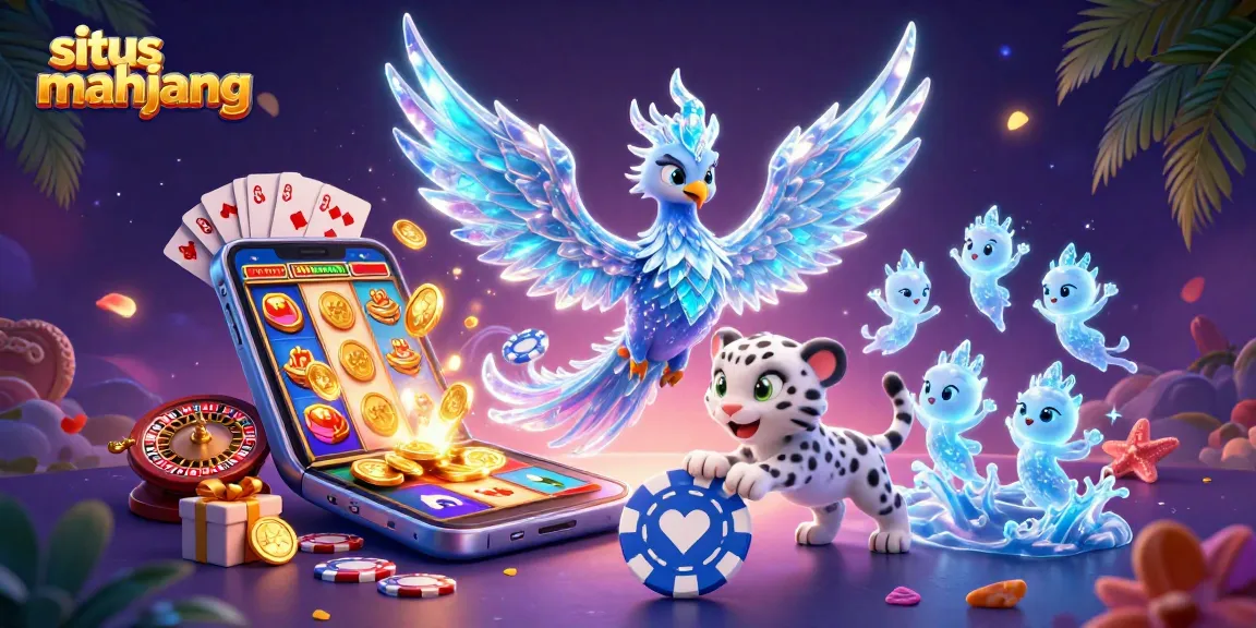 Play thrilling games at situs mahjong with a vibrant depiction of magical creatures and slot elements.