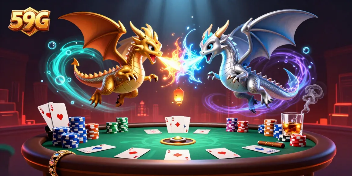 Engage in thrilling games at 59G with gold and silver dragons battling amidst vibrant casino elements.
