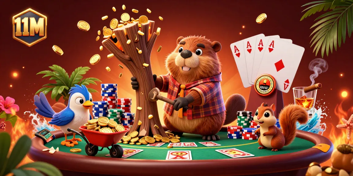 Collect gold coins with 11M in a lively casino scene featuring a cartoon beaver and friends.