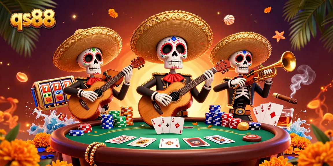 Experience the excitement of qs88 with mariachi skeletons, poker elements, and vibrant casino action.