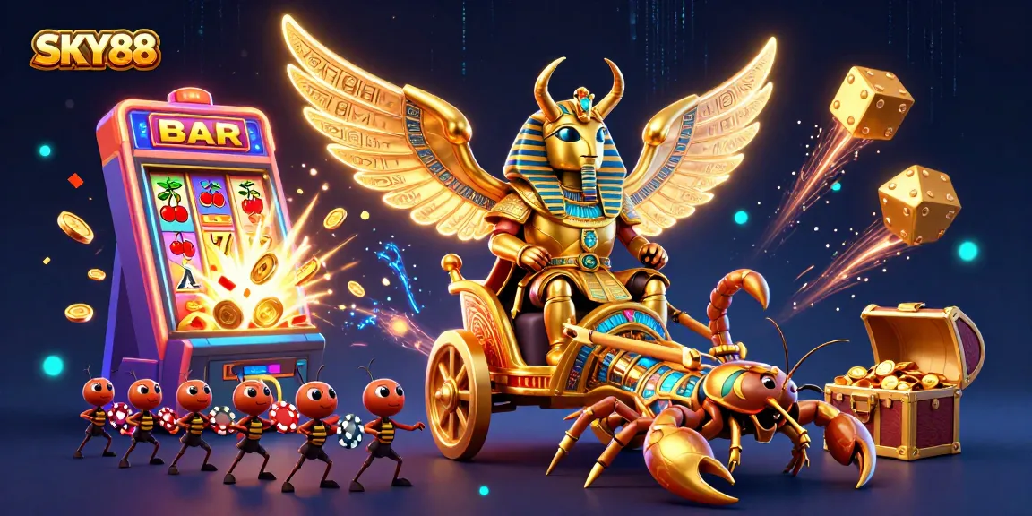 Experience thrilling wins with SKY88's colorful 3D casino adventure featuring iconic game elements.