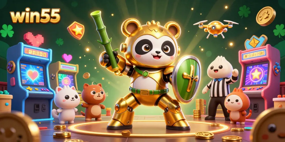 Win55 powers a vibrant casino experience with a golden panda in an engaging 3D arena.