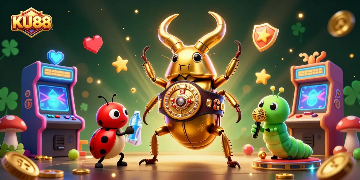 Experience thrilling gameplay at KU88 with a dynamic casino scene featuring a champion beetle and vibrant arcade elements.