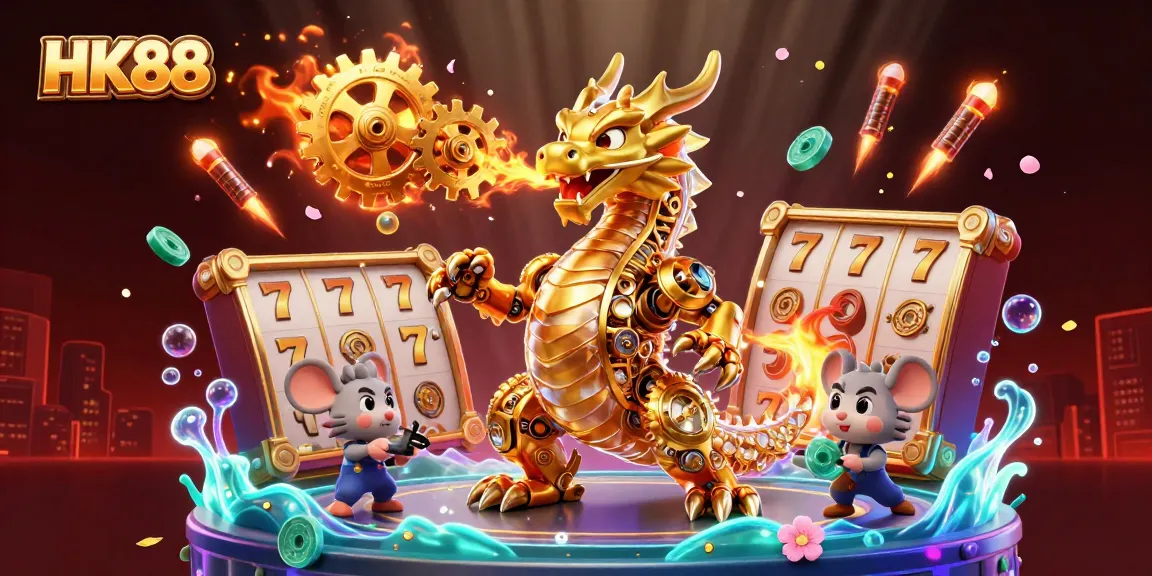 Engage with HK88’s thrilling slots experience featuring a biomechanical dragon and immersive game elements.