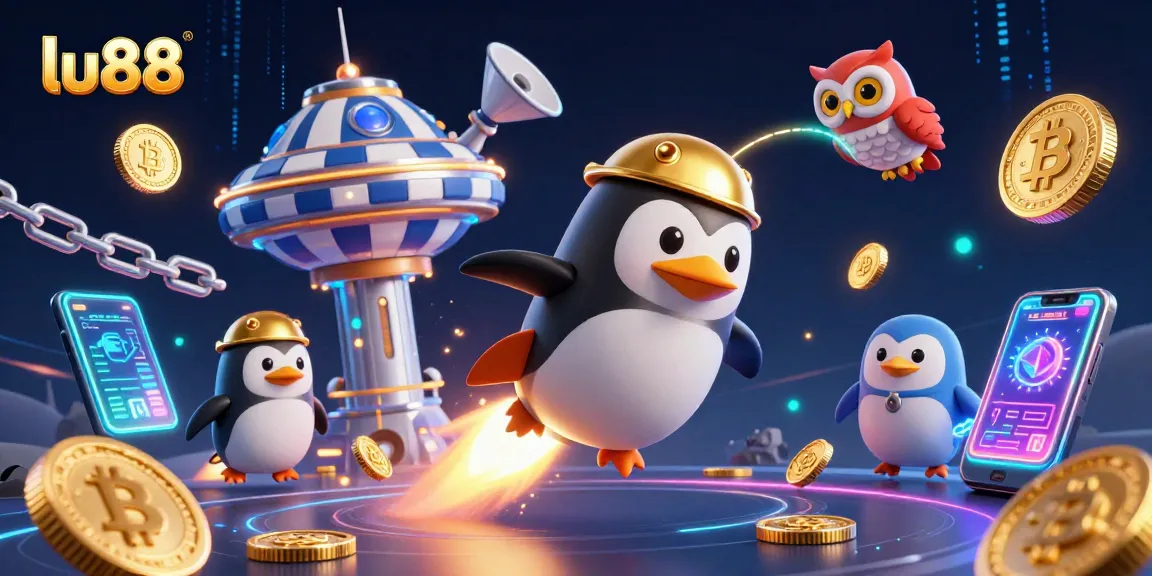 Experience the thrilling world of lu88 with a penguin rocket and casino-themed elements.