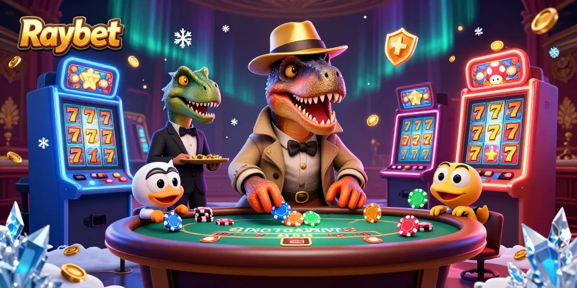 Raybet slot scene with a velociraptor card counter, stegosaurus pit boss, and compy pickpocket amidst dynamic casino elements.
