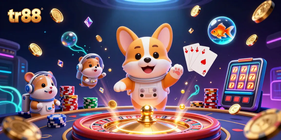 tr88 casino action with an astronaut corgi and vibrant chip stacks in space