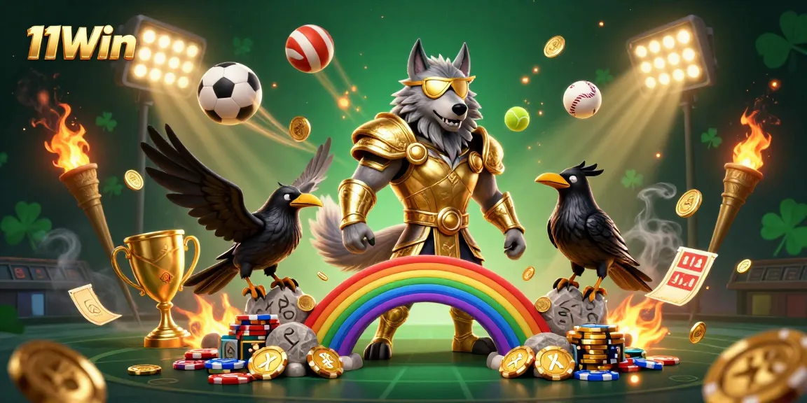 Engage with 11Win's vibrant 3D casino scene featuring mythical characters and dynamic sports elements.