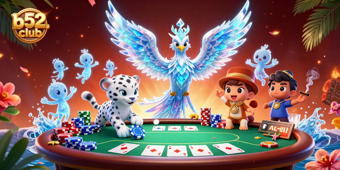 Battle for rewards at b52club with an ice phoenix, poker chips, and lively sprites in action.