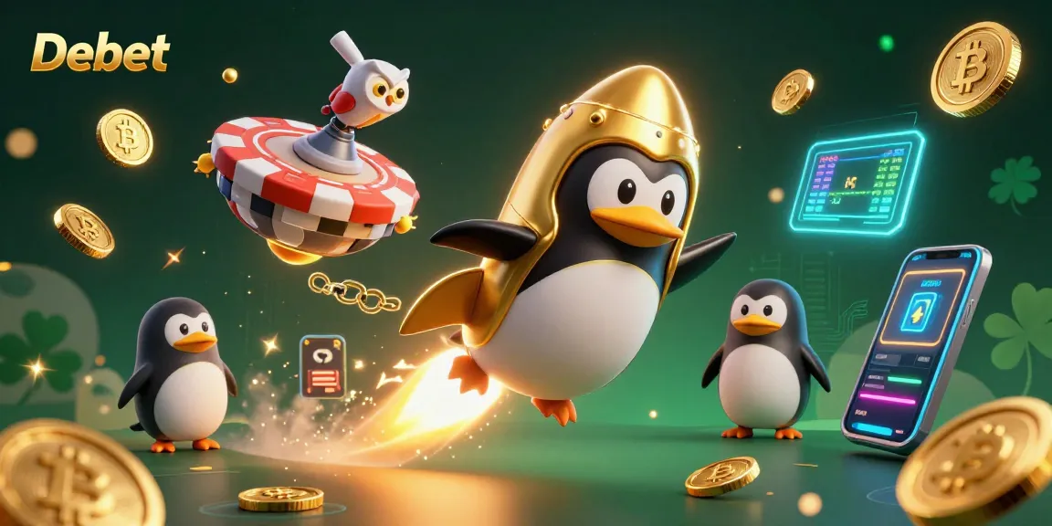Bet with Debet as a golden penguin faces a vibrant casino-themed universe in this dynamic 3D illustration.