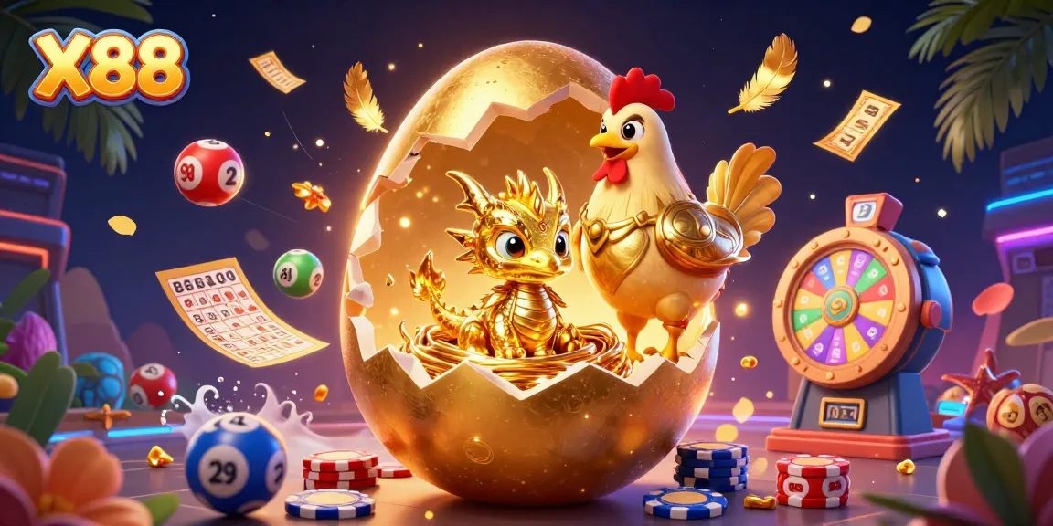 X88 players engaging with vibrant lottery elements and golden treasures in a dynamic casino scene.