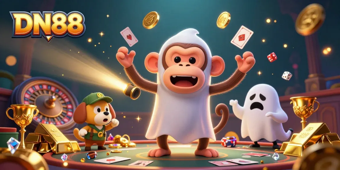 Experience the thrill of DN88 with an animated scene of a playful monkey juggling golden items in a vibrant casino.