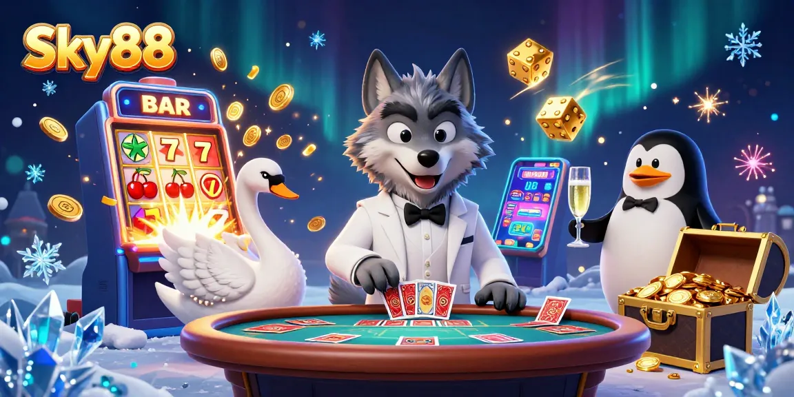 Experience thrilling gaming action with Sky88 at this vibrant casino-themed illustration.
