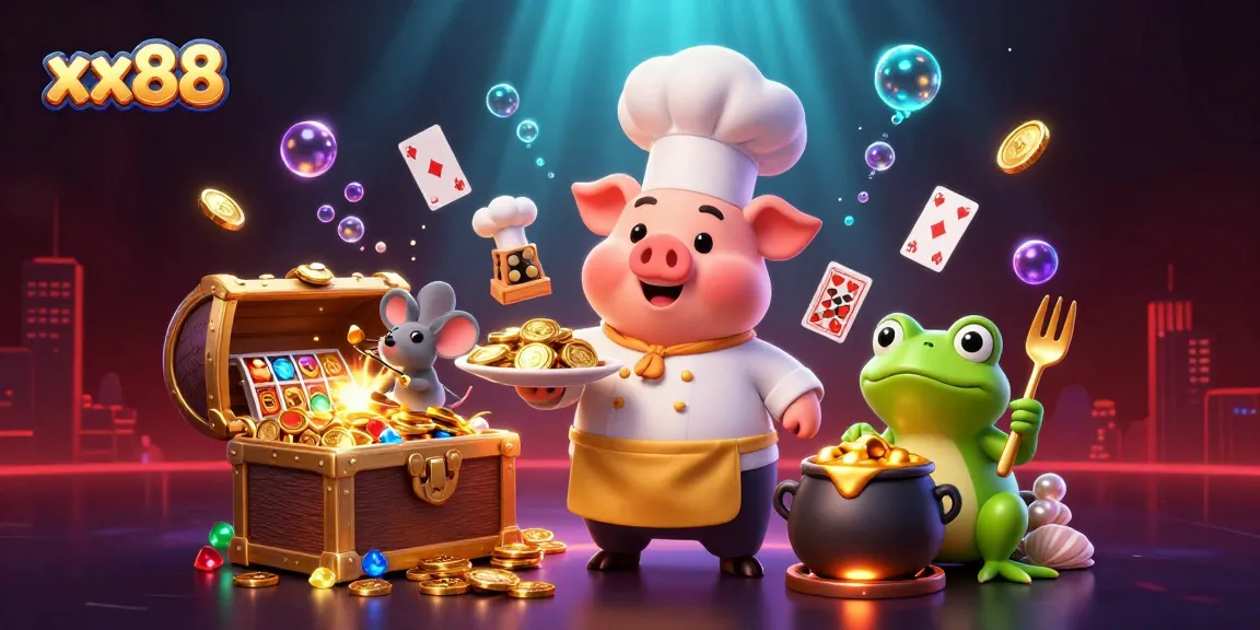 Experience vibrant casino wins with xx88's pig chef serving gold coins in a dynamic 3D illustration.