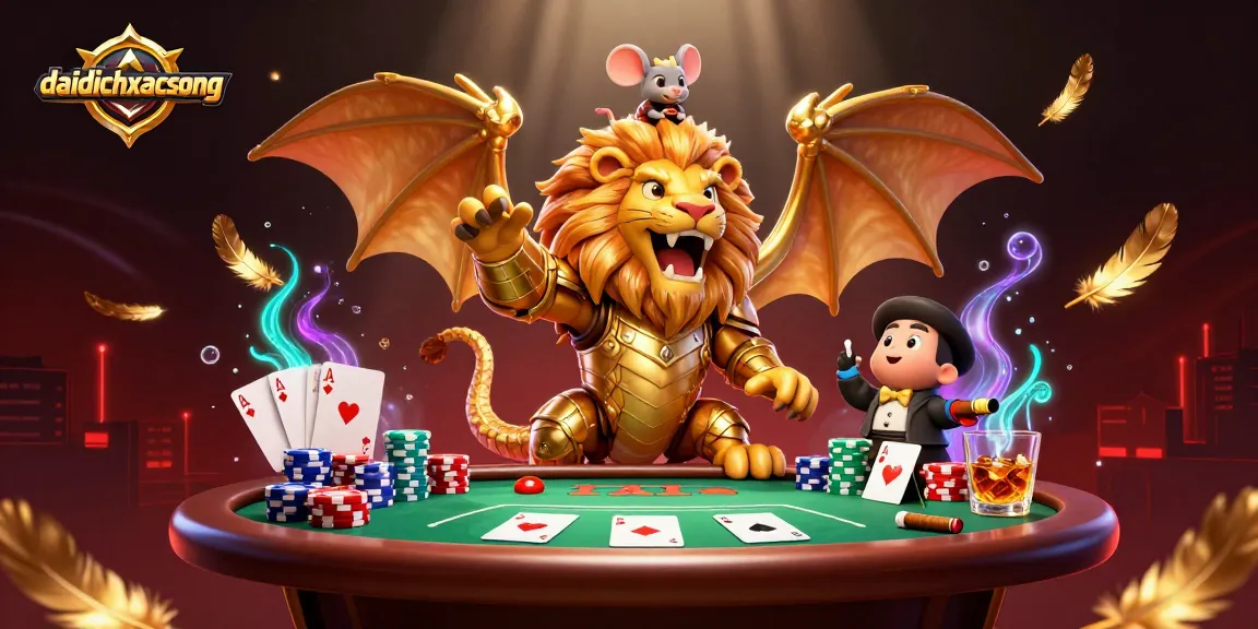 Engaging players in daidichxacsong with a golden chimera, poker chips, and vibrant game elements.
