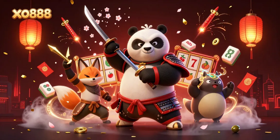 Engage in vibrant gaming with xo888, featuring a samurai panda and ninja fox amid casino elements.