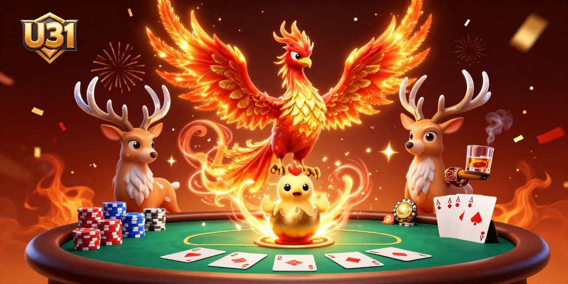 Bet real money on U31 with eye-catching 3D illustration of gaming action featuring phoenix and poker elements.