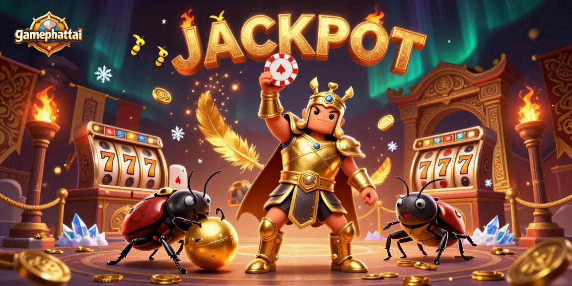 Gamephattai reveals epic wins with a heroic beetle lifting a poker chip, set in a vibrant casino scene.