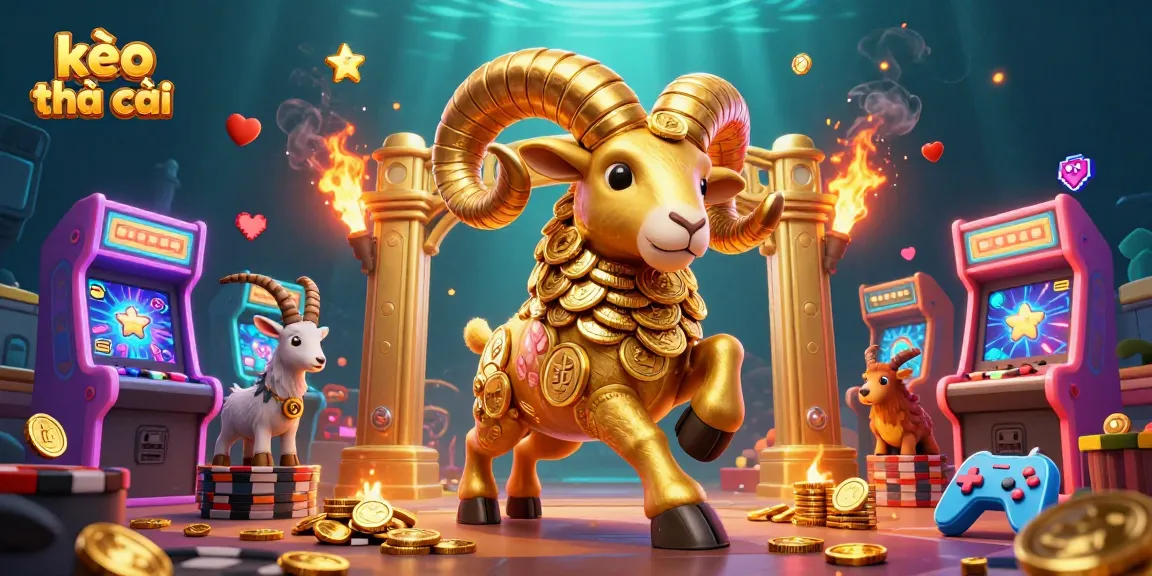 Experience the thrilling action of kèo nhà cái with a golden ram charging through a vibrant gaming scene.