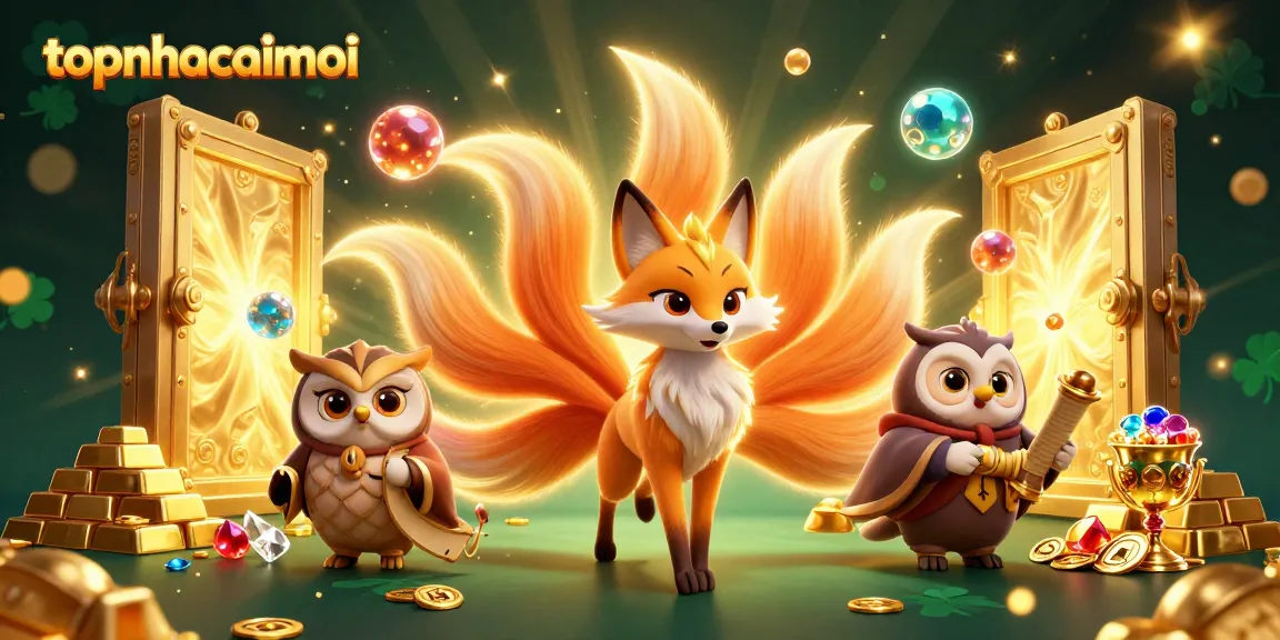 Experience topnhacaimoi's engaging casino scene with a nine-tailed fox, owl sage, and vibrant treasures.