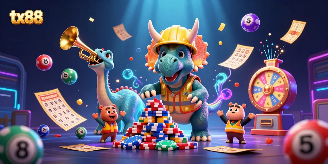 Engage with tx88's vibrant online gaming scene featuring lively characters and dynamic lottery elements.