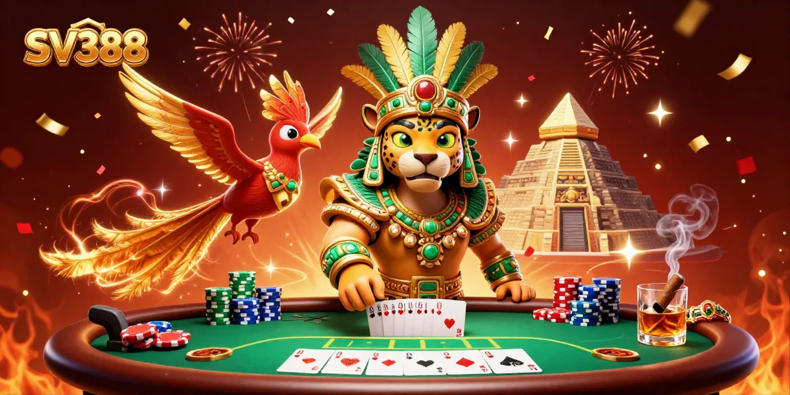 Experience SV388 excitement with a vibrant poker scene featuring dynamic 3D Mayan characters.