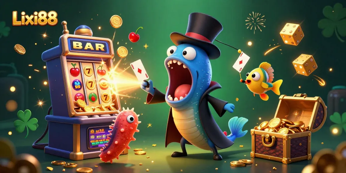 Lixi88 attracts excitement as a glowing gulper eel performs magic tricks surrounded by slot machines and vibrant casino elements.