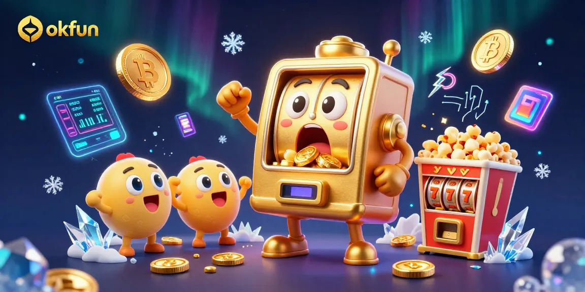 Win big with okfun's animated slot machine jackpot celebration and crypto elements