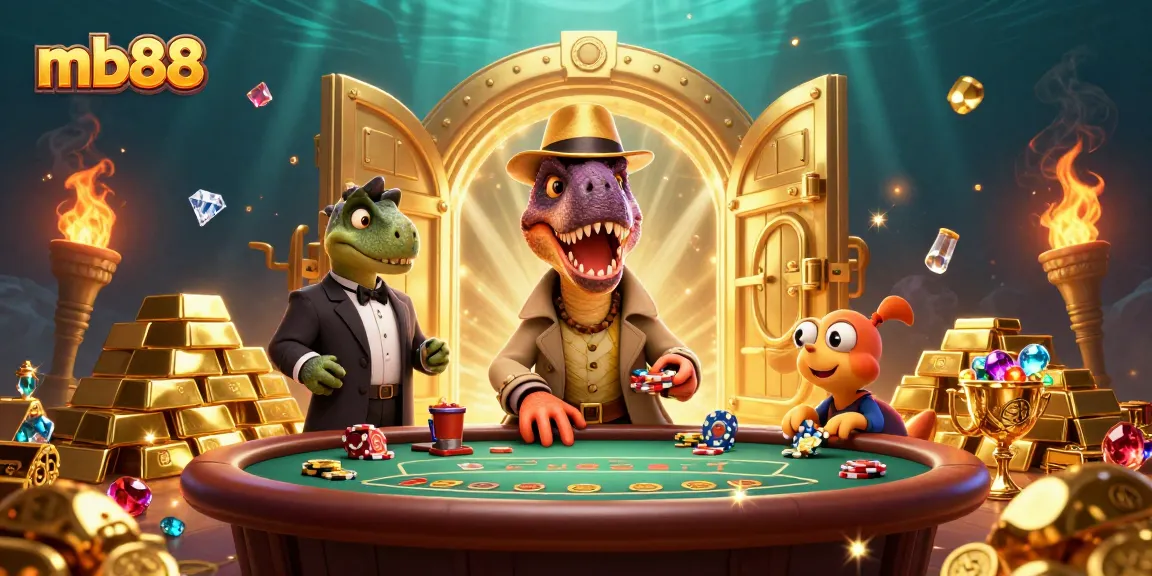 Engage with mb88’s thrilling casino scene featuring a velociraptor at blackjack, surrounded by treasures.